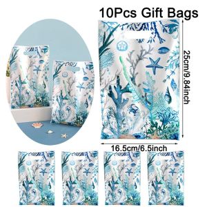 10/20/50pcs Blue Ocean Theme Plastic Gift Bags Coral Reef and Marine Life Designs Candy Packing Bags for Under the Sea Party