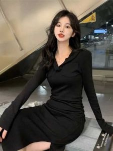 Slim Fit Long Sleeve Hoodie Dress Womens Base Layer High Waist A-Line Skirt Korean Style Autumn Thin Show Body Conch Split