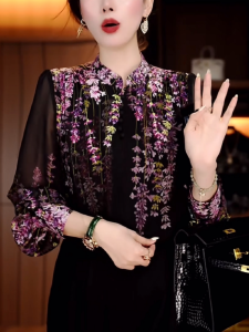 Elegant Long Sleeve Floral Print Shirt Womens Loose Fit Printed Top Ageless Design Korean Style Office Commute Autumn Wear