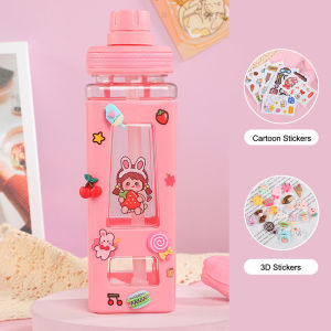 700ml Kawaii Shaker Water Bottle With Straw Sticker Cute BPA Free Portable Leakproof Water Jug for School Outdoor Travel Picnic