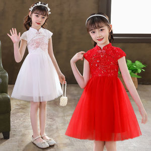 Red Lace Puffy Skirt Dress Chinese Style Princess Gown for Girls Summer Performance Cheongsam Dress Childrens Clothing