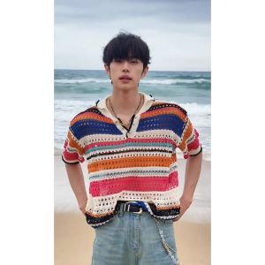 Áo Thun Nam Cổ Polo Tay Ngắn Dệt Kim Sọc Nhiều Màu Áo Thun Đi Biển Phong Cách Mỹ Cổ Điển Áo Thun Mùa Hè Thường Ngày