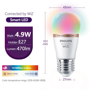 Philips | Philips 4PCS LED Smart Mini Ball E27 Bulbs WiZ 4.9W P45 Wi-Fi & Bluetooth 220-240V Full Color Light Frosted Dimmable P Lamps