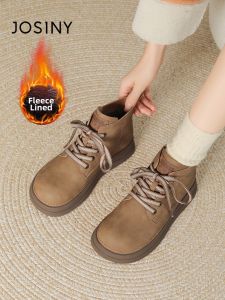 Josiny | Retro Suede Faux Fur Thick Sole Lace-up Boots