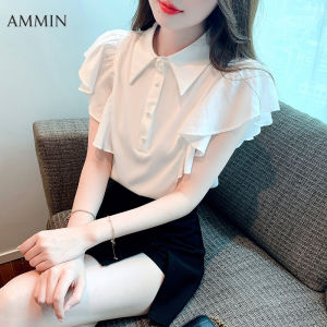 AMMIN เสื้อโปโลผู้หญิงแขนสั้นลำลองเสื้อทรงพองสีขาวฤดูร้อนแฟชั่นใหม่คอโปโลเล็กเสื้อผ้าชีฟองฟฟิต