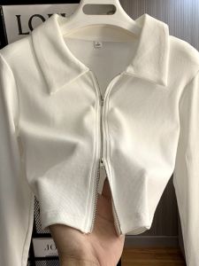 White Lapel Double Zipper Knitting Cardigan Female Fall Slim Fit Inner Wear Base Long Sleeves Bandage Dress Short Polo Tops