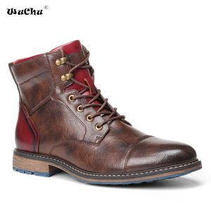 WuChu 2023 Retro Men Leather Boots Brand Zipper Handmade High Quality Men Ankle Boots