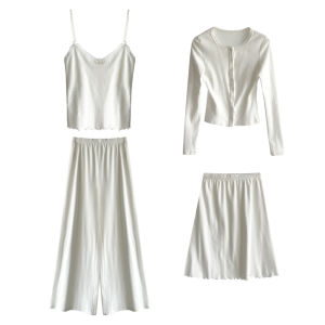 XziChic Sweet Heart Holiday Casual Long Pants Lace Trim Belted Waist Knitted Top Four Piece Set Womens Fashion Ensemble