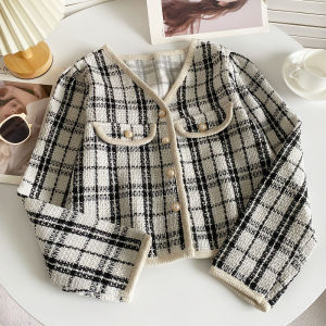 French Style Classic Style Short Outwear Female 2024 Spring New Arrival Houndstooth V-neck Single Breasted Long Sleeve Cardigan Top