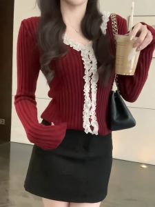 French Style Long Sleeve V-Neck Knitted Sweater Womens Fashion Slim Fit Inner And Outer Wear Ear Look Trimmed Elegant Top