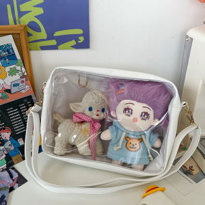 Cute Cartoon Double Doll PU Leather Canvas Shoulder Bag Transparent Cotton Stuffing Crossbody Bag for Dolls 20cm And 15cm
