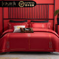 Wedding Celebration 140 Thread Count Long Velvet Cotton Pure Cotton Red Bedding Quilt Cover Sheet Marriage Bed Linens Set of 4. 
