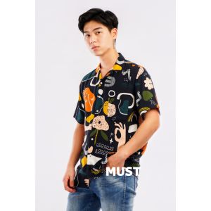 MUST Kemeja Pantai Pria Wanita Abstrak Vintage Casual Shirt Lengan Pendek - Motif Abstrak Green