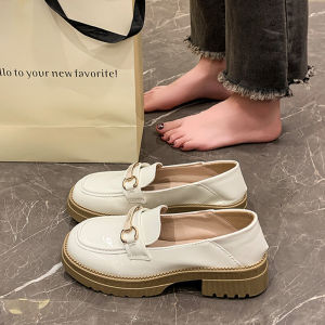 รองเท้า Loafers ทรงหนังสีดำ สไตล์อังกฤษ สำหรับผู้หญิง ฤดูใบไม้ผลิและฤดูใบไม้ร่วง รองเท้าส้นหนา สไตล์ฝรั่งเศส รองเท้าลำลอง สีขาว รองเท้าแฟชั่น