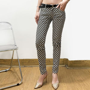 กางเกงขายาวทรงสลิมฟิตเอวต่ำลายสก็อตสีดำขาว เทรนด์แฟชั่นสำหรับผู้หญิง กางเกงขายาวลำลองฤดูใบไม้ผลิและฤดูร้อน