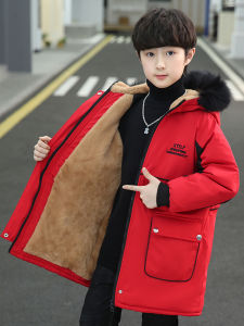 Thickened Cotton Padded Parka Coat for Boys Winter Warm Fleece Lined Kids Clothing Red Color Medium to Large Children Sizes