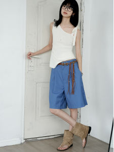 กางเกงขายาวทรงตรงเอวสูงสไตล์ฝรั่งเศสย้อนยุคสีน้ำเงินสำหรับผู้หญิง กางเกงขายาวทรงหลวมสบาย ๆ ลำลอง 5 จุด ทรงหลวม ทรงหลวม ทรงหลวม