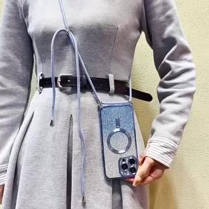 Strap Magnetic Case For Samsung S26 Ultra Galaxy S24 S25 FE S22 S23 Plus A56 Wireless Glitter Plating Crossbody Lanyard Cover