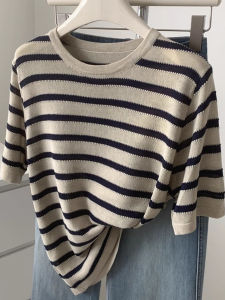 WANGGONGZHU | Summer New Loose Womens Knitted Ice Silk T-Shirt Round Neck Striped Color Block Casual Korean Style Base Shirt Cover Belly