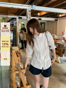 Ruffled Short Sleeve Blouse with Drawstring Ties