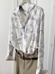Womens Silk Chiffon Shirt Sand Washed Double Gauze Long Sleeve Formal Top Grey White Ink Print Luxury Sensation 100% Mulberry Silk