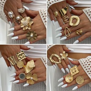 Ingemark 20 Styles Boho Unique Gold Color Petal Flower Rings for Women Punk Geometric Adjustable Rings Couple New Year Jewelry