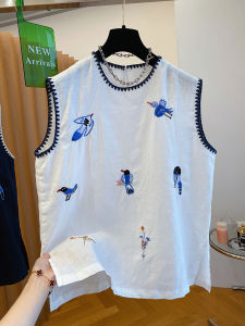 เสื้อเชิ้ตแขนกุดผ้าลินินปักลายไซส์ใหญ่สำหรับผู้หญิง ฤดูร้อน 2025 ใหม่ หลวม คอตตอนลินิน แขนสั้น แขนกุด แขนกุด