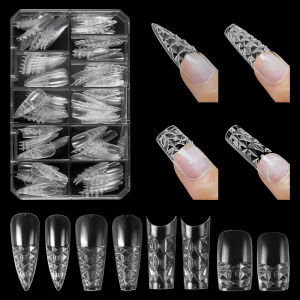 PINPAI 120pcs 3D Relief Acrylic Fake Nails Long Stiletto Press On Nails Transparent Crystal Artificial False Nail Tips Extension Tool
