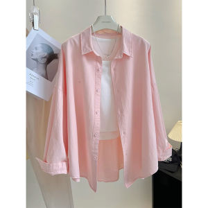 เสื้อเชิ้ตแขนยาวสีชมพูสำหรับผู้หญิง ทรงหลวม ปกโปโล ป้องกันแสงแดด ฤดูร้อน 2025 ดีไซน์ใหม่ เสื้อผ้าทำงาน สไตล์หวานๆ