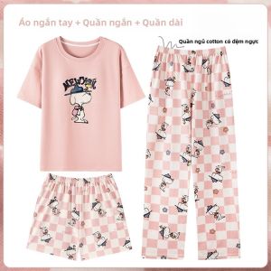 MiiOW | Bộ đồ ngủ cotton nguyên chất mùa hè cho nữ có đệm ngực Bộ đồ ngủ tay ngắn quần short ba mảnh mặc nhà phong cách ngọt ngào dễ thương