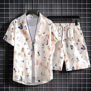 Retro Hong Kong Style Mens Shirt And Shorts Set Summer Beach Casual Loose Fit Short Sleeve Hawaii Coastline Beachwear