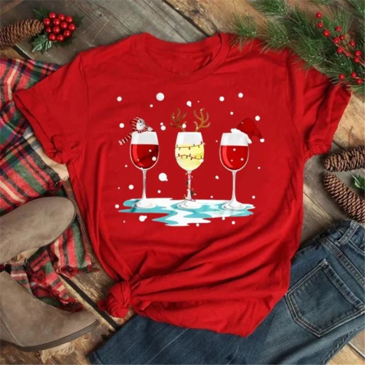 Women Wine Glass Christmas Hats Black T Shirt Christmas Xmas Gifts