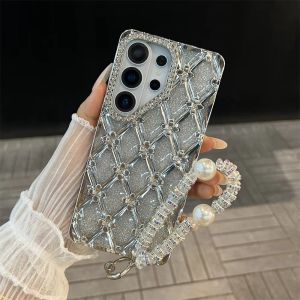 AKABEILA | Rhinestones Lens Diamond Pattern Glitter Clear Case for Samsung S26 Ultra S25 S24 Plus S23 A16 Wrist Pearl Strap Bracelet Cover