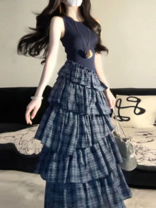 HUAYILING | French Blue Sleeveless Plaid Vest Dress Women Summer 2025 New Asymmetrical Waist Cinching Cake Long Skirt Sweet High Waist A-Line Dress