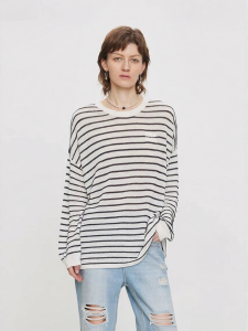 URLAZH | Leisurely Comfortable Black and White Stripe Round Neck Drop Shoulder Knitted Top