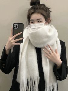 ผ้าพันคอขนแกะสีขาวสำหรับผู้หญิง ฤดูหนาว 2024 ใหม่ เอวสูง แขนยาว ผ้าพันคอแบบสวมหัว ผ้าขนแกะสีสันสดใส อบอุ่น สำหรับผู้หญิง