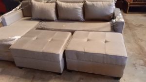 LIAM L-SHAPE SOFA WITH 2 OTTOMAN AND 4 PCS PILLOWS 5 INCHES FOAM THICK & PLASTIC FOOTINGS BIG SOFA - DONALDs PORCH
