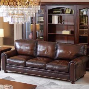 American Style Full Leather Sofa Wooden Frame Oil Wax Leather Straight Row Living Room Furniture Large Size Family Room
