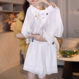 Shalldoer | ชุดสองชิ้นแขนสั้นผู้หญิงสไตล์ลำลองฤดูร้อน 2025 สไตล์เกาหลี ทรงหลวม ลายทางสีพื้น คอตั้ง แขนสั้น กระโปรงสั้น