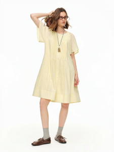DUSHU | Lemon Cream A-Line Dress Heavy Embossing Flounce Sleeve Summer 2026