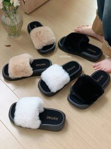 Trendy Fashionable Plush Slippers Womens Autumn Winter New All-Match Casual Outdoor Home Shoes Thin Strap Slip-On Slippers