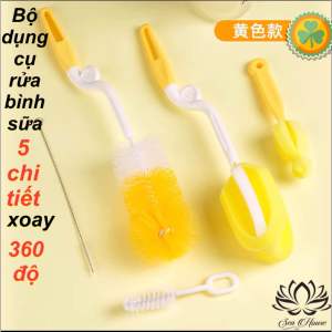 HCM_HOẢ TỐC.Bộ dụng cụ rửa bình sữa 5 chi tiết xoay 360 độ ( màu vàng như hình).Hàng sẵn Nowship