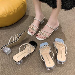 Womens Summer Outdoor Wear Transparent mid Heel High Heel Sandals Fairy Queen Killer Slippers Ultra Thin Leather Rubber Sole