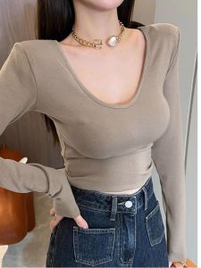 Khaki Color Slim Fit V-Neck T-Shirt Womens Spring Autumn New Cotton Material Base Shirt Pure Desire Short Top