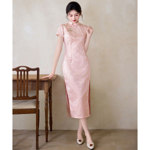 New Chinese Style Embroidered Pink Cheongsam Dress