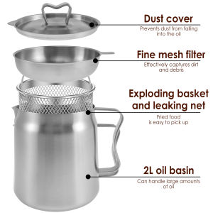 2/1.5L Oil Filter Fry Basket Oil Storage Can Pot Stainless Steel Oil Strainer Pot with Fine Mesh Strainer Grease Container Kitch