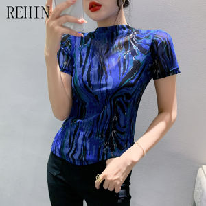 REHIN new fashion half-high collar mesh printed blue short sleeve T-shirt slim base shirt top for women