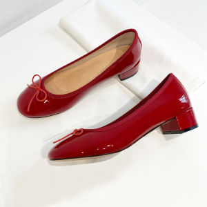 Red Leather Ballet Flats mid Heel round Toe Thick Heel Womens Shoes Butterfly Knot Casual Fashion Single Shoes for Women