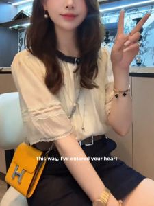 French Elegant Design Lace Splicing Short Sleeve Womens Summer Shirt Color Block Slimming Casual Top Beautiful Polyester