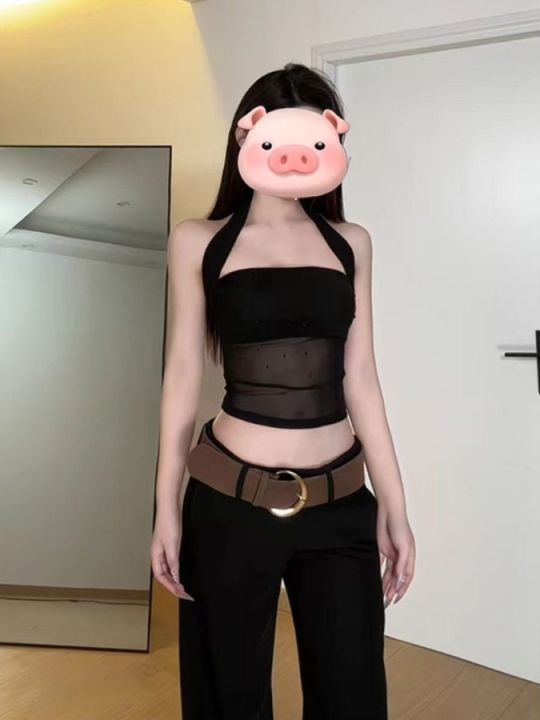 Áo Ba Lỗ Lưới Đen Gợi Cảm Kiểu Mỹ Dành Cho Nữ Mùa Hè Áo Ngắn Hở Lưng Áo Ba Lỗ Đính Đá Phong Cách Thái Dành Cho Nữ